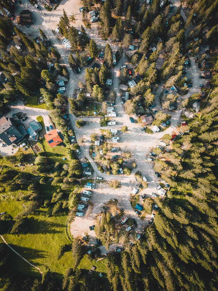 Camping Sass Dlacia from above – pitches winding through the pine forest